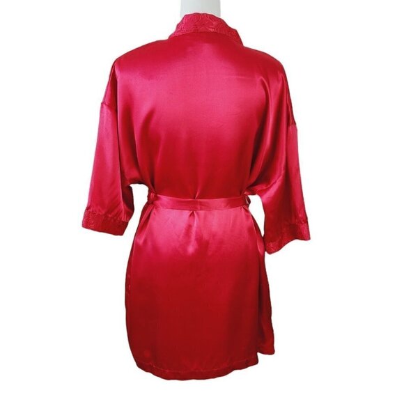 Sopre Lingerie Satin Robe Red Shiny Satin Floral Tonal Trim Sz Small Tie Waist - Picture 5 of 7